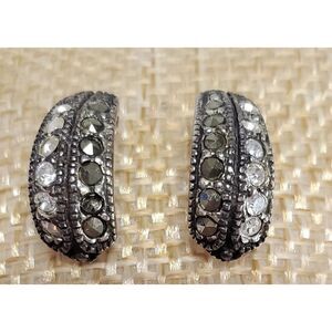 VTG Earrings 925 Sterling Marcasite Rhinestone Cuff Half Hoop Pierced Stamped